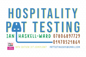 The business card for Hospitality Pat Testing