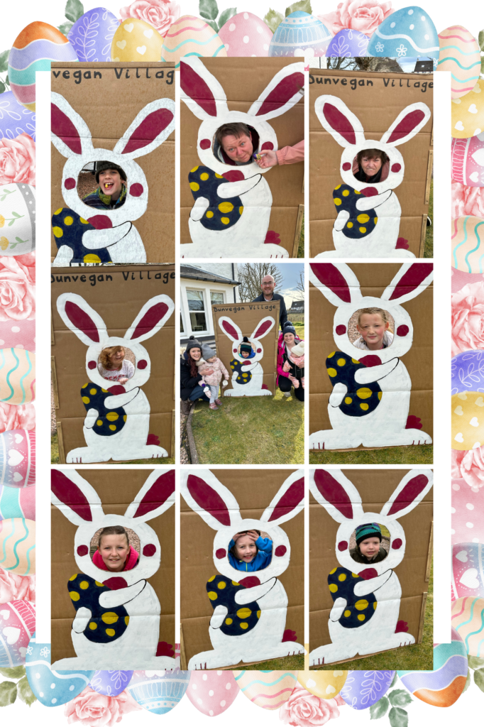 Photos of children looking through the rabbit face